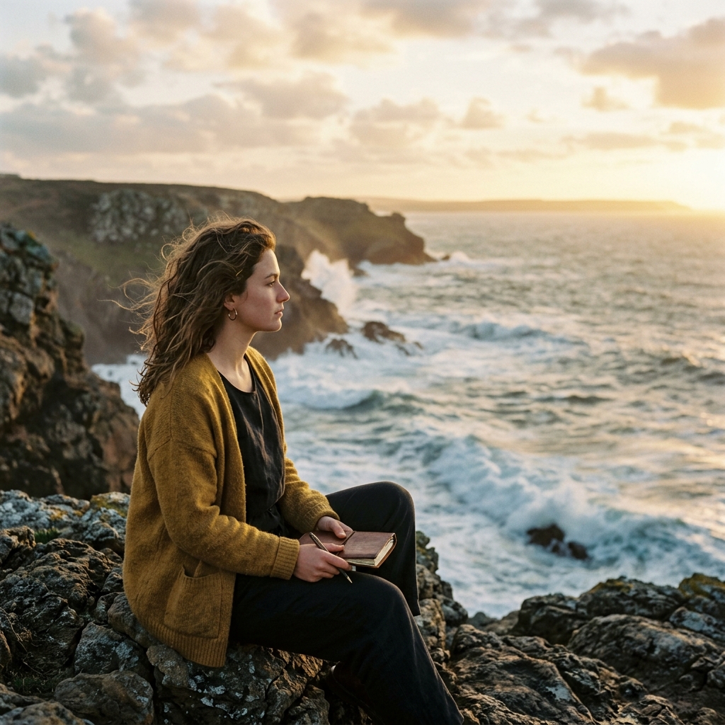 Woman on coastal cliffs journaling with ocean view