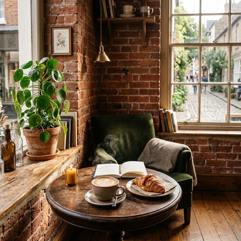 Cozy café corner for solo journaling