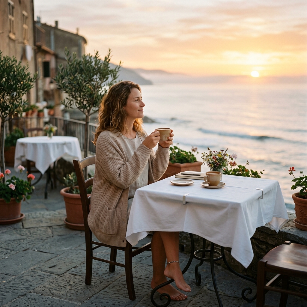 Woman enjoying sunrise ocean view with coffee